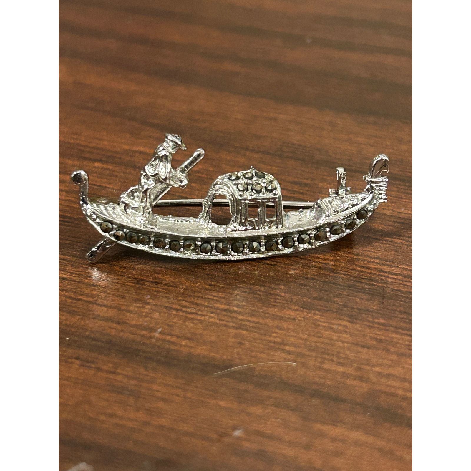 Vintage .800 Silver Fineness & Marcasite Venice Gondola Boat Brooch